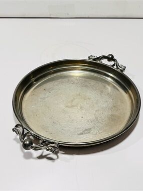 Vintage Shirley Handmade Pewter Serving Tray Ornate Handles 5” Diameter Stamped